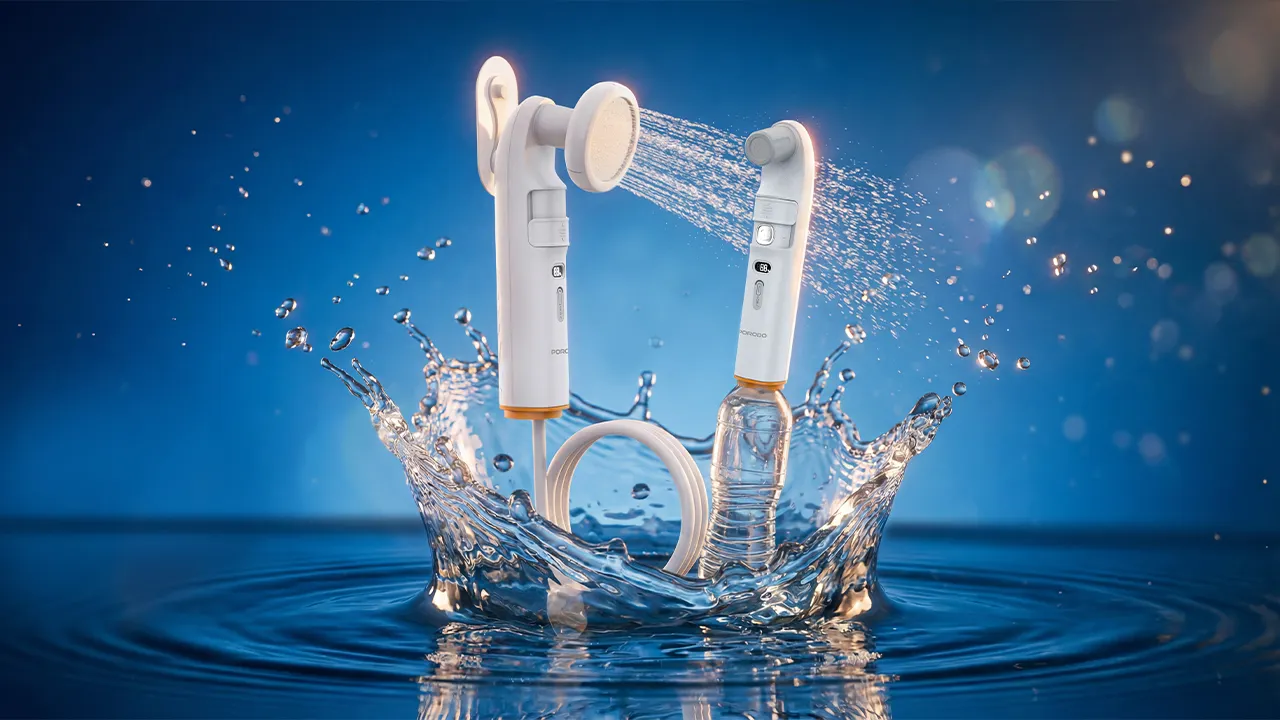 Porodo 2-in-1 Portable Bidet & Shower with Detachable Nozzles, Up to 100 Minutes Working Time, 1600mAh Battery, 1.2m Hose Length, High-Efficiency Pumping, Dual Water Inlets, Compact & Lightweight Design - White