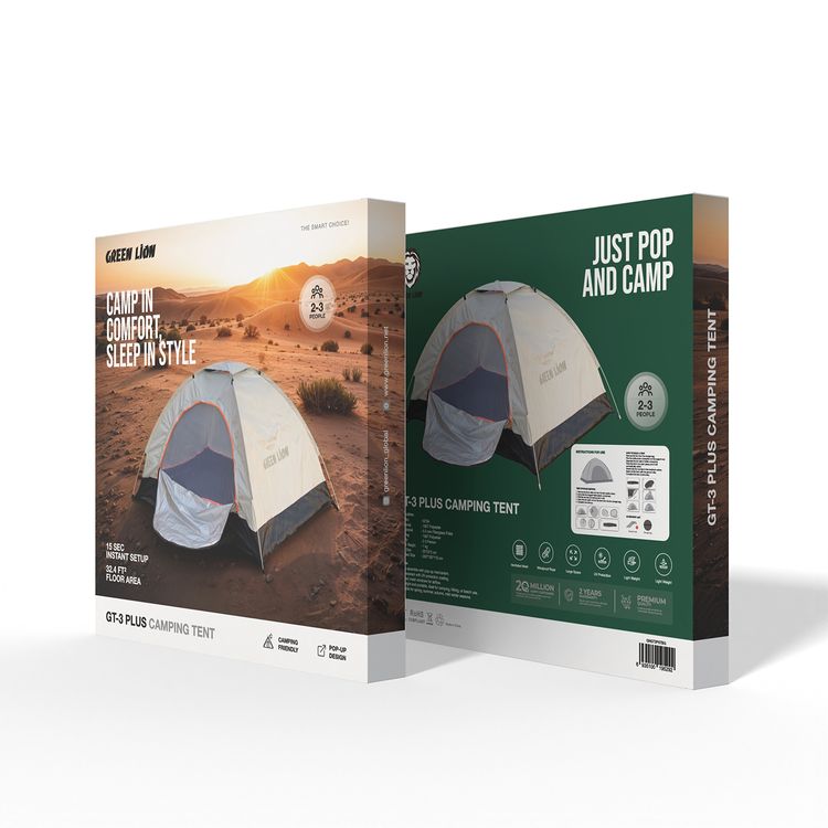 Green Lion GT3-PLUS Camping Tent, Compact & Foldable Design, 2-3 Person Capacity, Windproof Rope, UV Protection, Ventilated Mesh