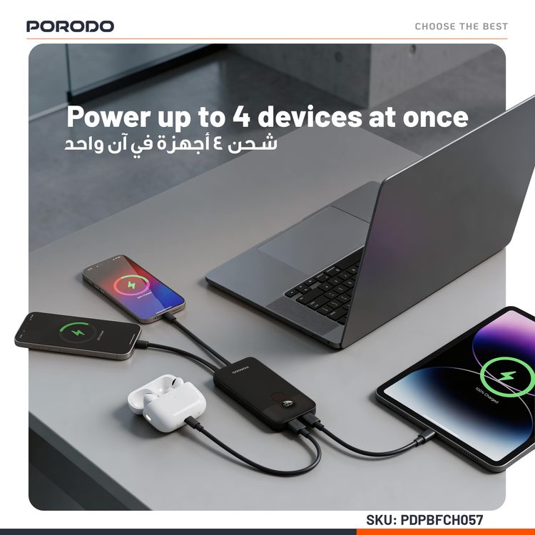 Porodo 10000mAh Power Bank with Built-in Type-C & Lightning Cables, 22.5W Power Delivery, Simultaneous Charging, 0%-60% Charge in 35 Minutes, Digital Display - Black
