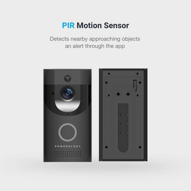 Powerology Smart Doorbell with Motion Sensor, Wide Angle Video, Night Vision, Two-way Talk by Embedded Microphone, Supports Micro SD Card Up to 32GB, F37 Sensor, 166° Wide Angle - Black