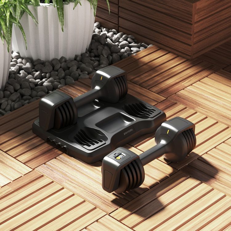 Porodo Lifestyle Smart Dual Dumbbells Set with 200mAh Battery Capacity, 6 Hours Working Time, 1.5 Hours Charging Time, Type-C Charging Port, Bluetooth Version 5.1, 15m Bluetooth Range, Multi-Weight Settings, Train Body Parts Mode - Black