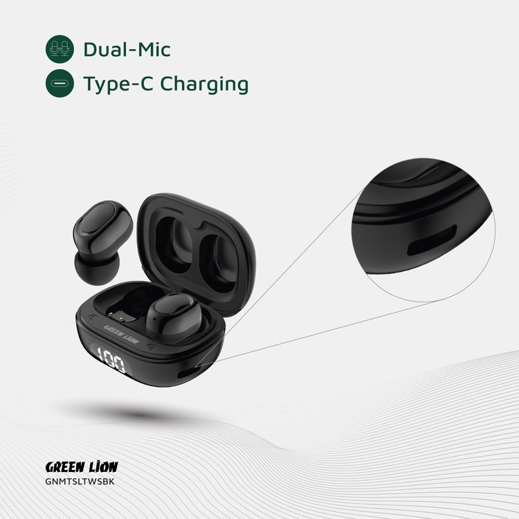 Green Lion Mittersill True Wireless Earbuds with ENC, Up to 6 Hours Playtime, IPX5 Waterproof Resistance Level, Bluetooth Version 5.4, Up to 10m Transmission Range, Type-C Charging Port, Dual-Microphone, Strap Included - Black