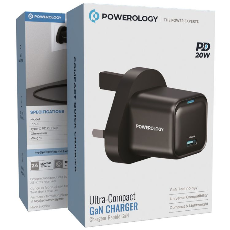 Powerology Ultra-Compact GaN Charger with PD 20W, USB-C Port, Fast Charge Support, 3-Pin UK Plug, Compact & Lightweight Design, Build-in Safeguards, Universal Compatibility - Black