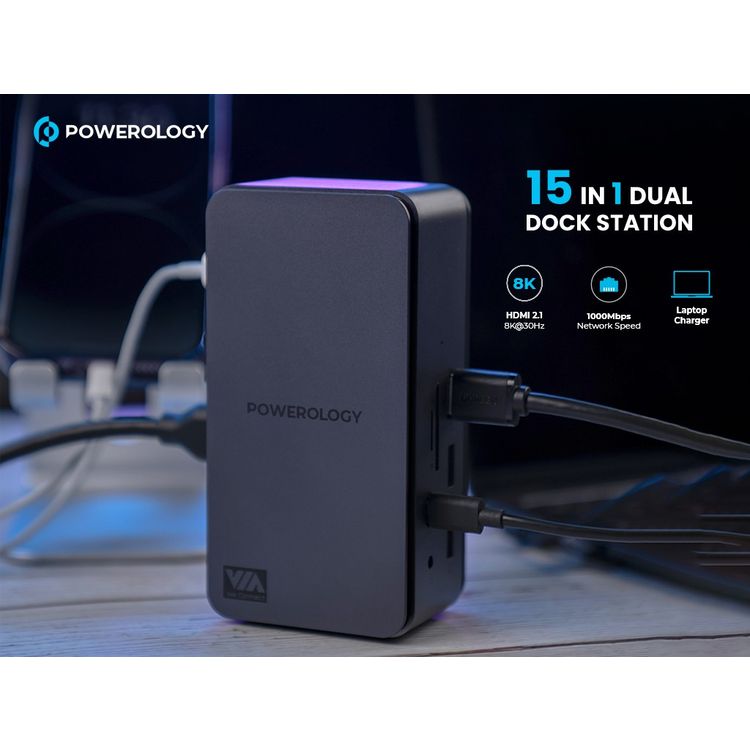 Powerology 15 in 1 Dual Dock Station, 40Gbps Data Speed, 100 Mbps Network Speed, PD 100W, 3.5mm Audio Jack - Gray 