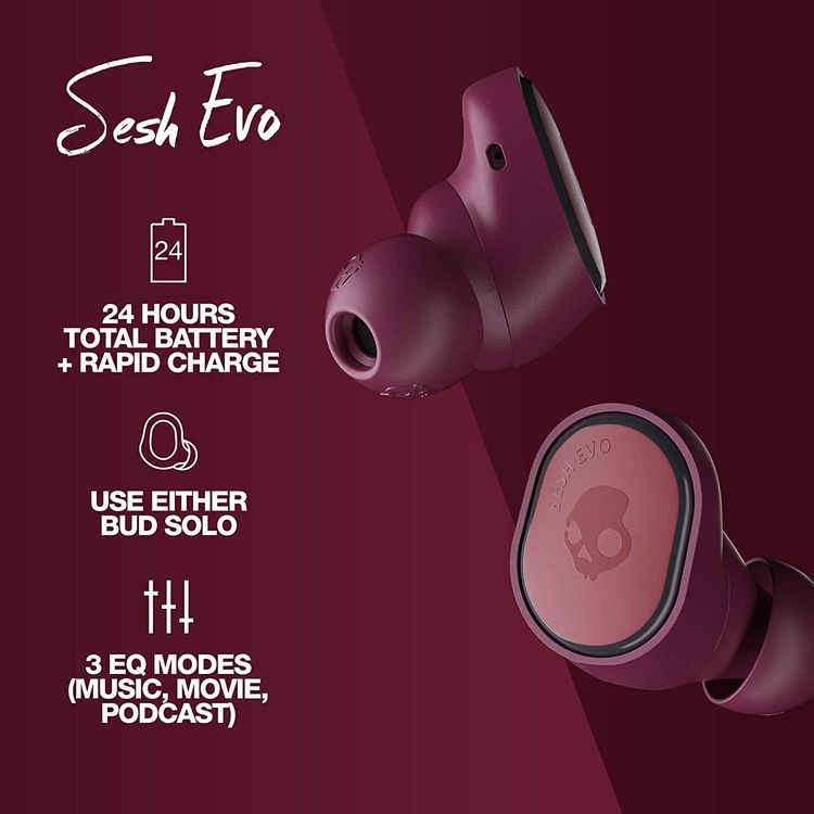 Skullcandy Sesh Evo True Wireless In-Ear Earphones with Call, Track and Volume Control, 24-hours Battery Life + Rapid Charge, IP55 Sweat, Water and Dust Resistant, 3 EQ Modes (Music, Movie, Podcast) - Deep Red