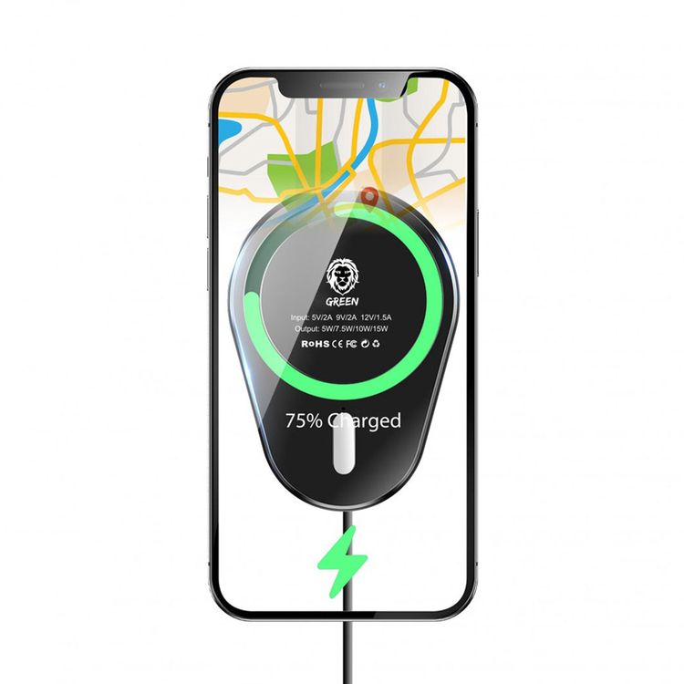 Green Lion Magnetic Wireless Fast Charging Car Mount 15W, Portable, Compact Design, Stick-on Holder,  Lightweight, Air Vent - Black