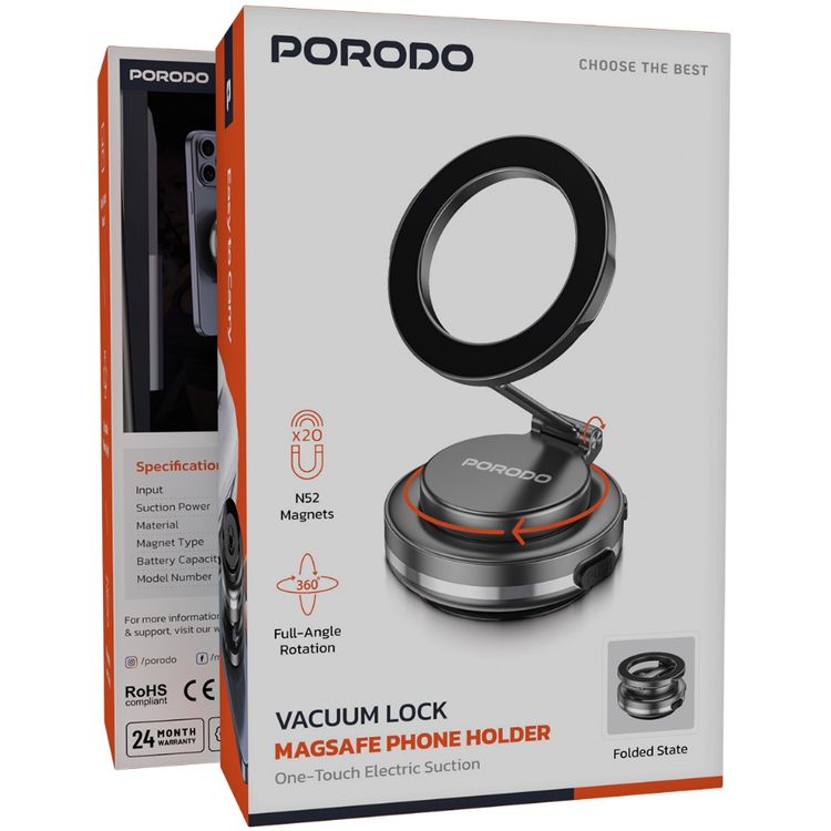 Porodo Vacuum Lock MagSafe Phone Holder with One-Touch Electric Suction, 100mAh Battery, N52 Magnets, 360° Rotation, Adjustable Viewing Angle, Foldable State, Multi-Surface Mount, ABS, Silicone & Zinc Alloy Material - Black