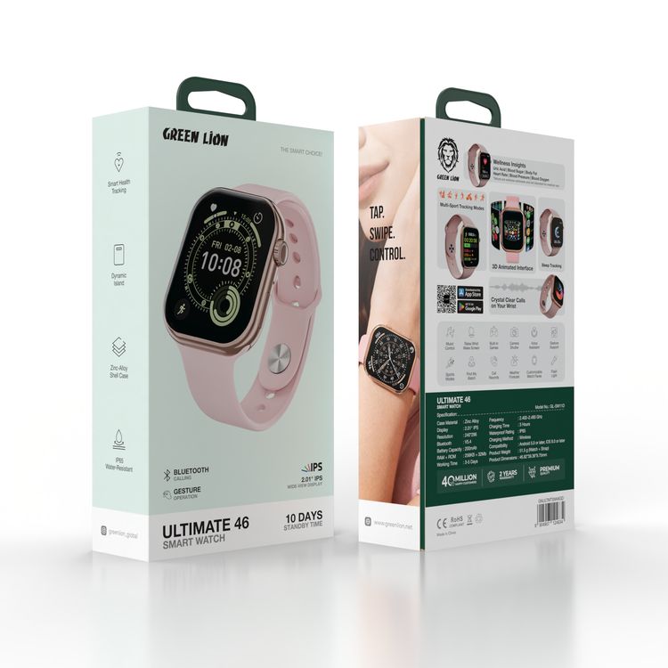 Green Lion Ultimate 46 Smart Watch with Smart Health Tracking, Zinc Alloy Case Material, Dynamic Island, Android 5.0 or Later, iOS 9.0 or Later Compatibility, 3 Hours Charging Time, IP65 Water Resistance Level, 3-5 Days Working Time, 200mAh Battery Capacity, Bluetooth Version 5.4 - Rose Gold