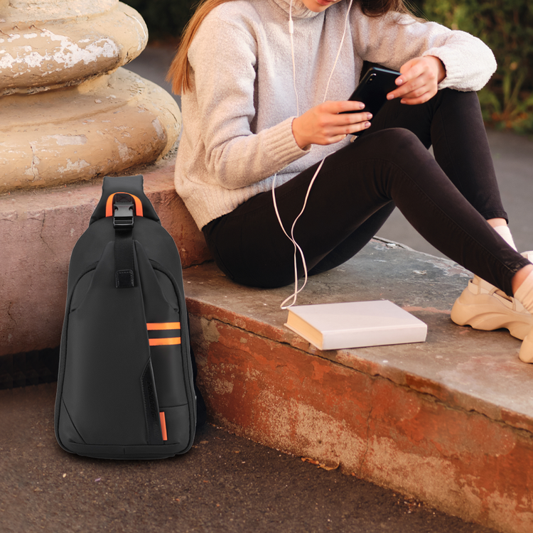 Porodo Gaming Sling Bag with 20W USB-C Charging Outlet, 2 Compartments, Polyester, Waterproof - Black