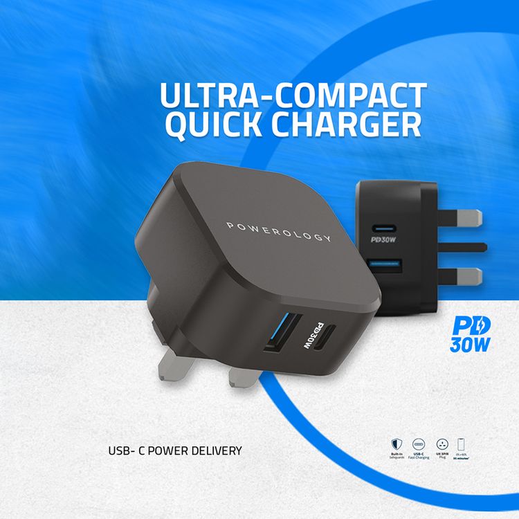Powerology Ultra-Compact Quick Charger with 30W Power Delivery, UK 3-Pin Plug, 0%-60% Charge in 35 Minutes, Built-in Safeguards, 18W QC Output - Black