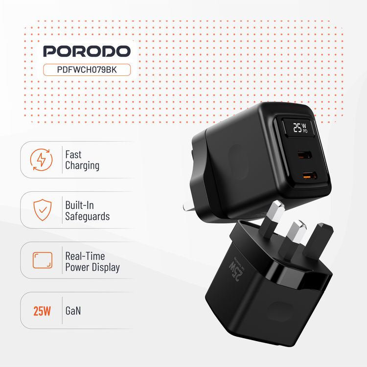 Porodo GaN Wall Charger with Dual USB-C Ports, 25W Power Delivery, Built-in Safeguards, Fast Charge Support, Multiple Device Charging, Digital Display - Black