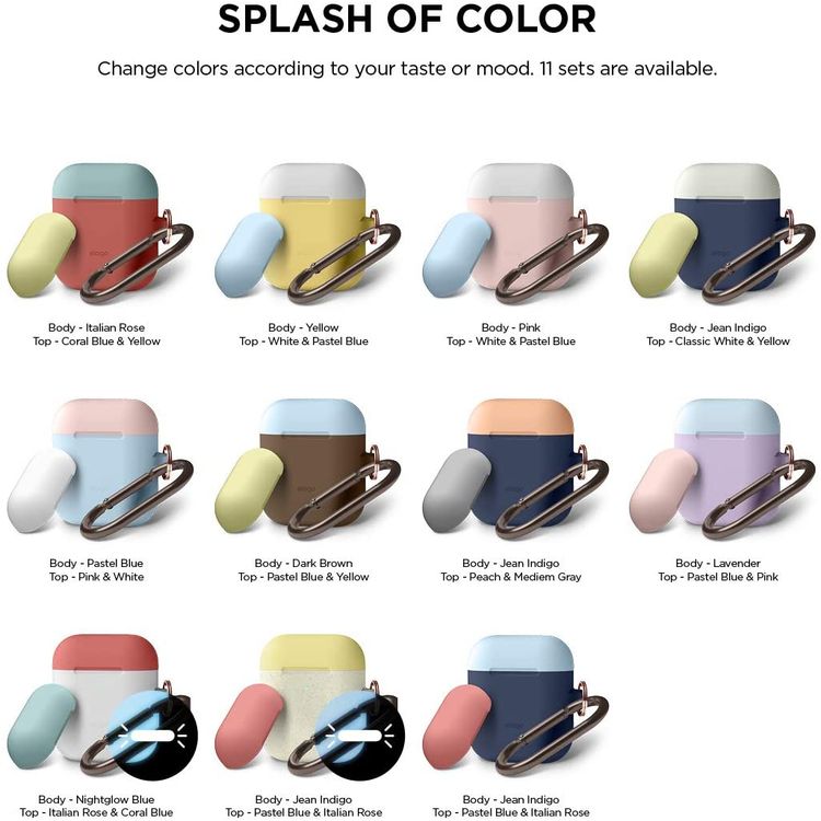 Elago Duo Hang Silicone Case with Apple AirPods Case 1 & 2 Generation, Dustproof and Absorbing Protective Cover with Hang Case Body-Night Glow Gold Pearl / Top-Yellow, Italian Rose