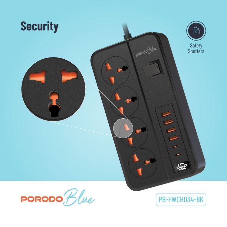 Porodo 4AC Universal Power Strip with Premium Materials, Safety Shutters, 13A Maximum Current, USB-A&C Output - Black  