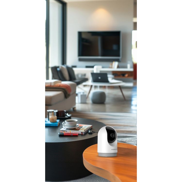 Powerology Indoor PTZ Smart Camera with Human Detection & Motion Sensor, 100° Field of Vision, 3MP Resolution, Pan & Tilt Control, Two-Way Audio - White