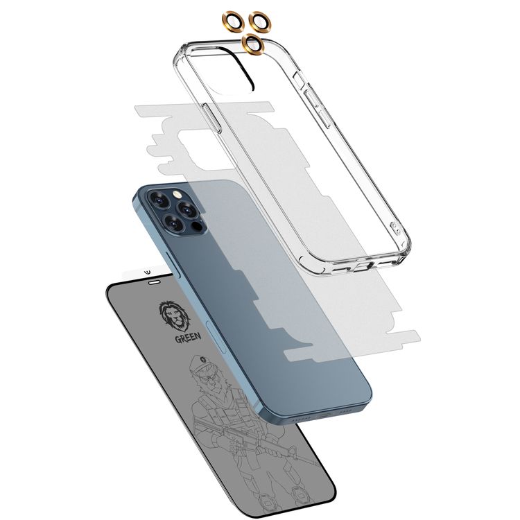 حزمة حماية الخصوصية من غرين 4 في 1 360 درجة ، فيلم عدسة الكاميرا + جراب إسقاط مقاوم للصدمات + واقي نانو عالي الدقة + زجاج ثلاثي الابعاد حافة مدعمة ، حماية كاملة 360 ، مضاد لبصمات الأصابع ، خالٍ من الفقاعات ، وغطاء خلفي مضاد للخدش متوافق مع ايفون 12 بروماكس(6.7 بوصة)