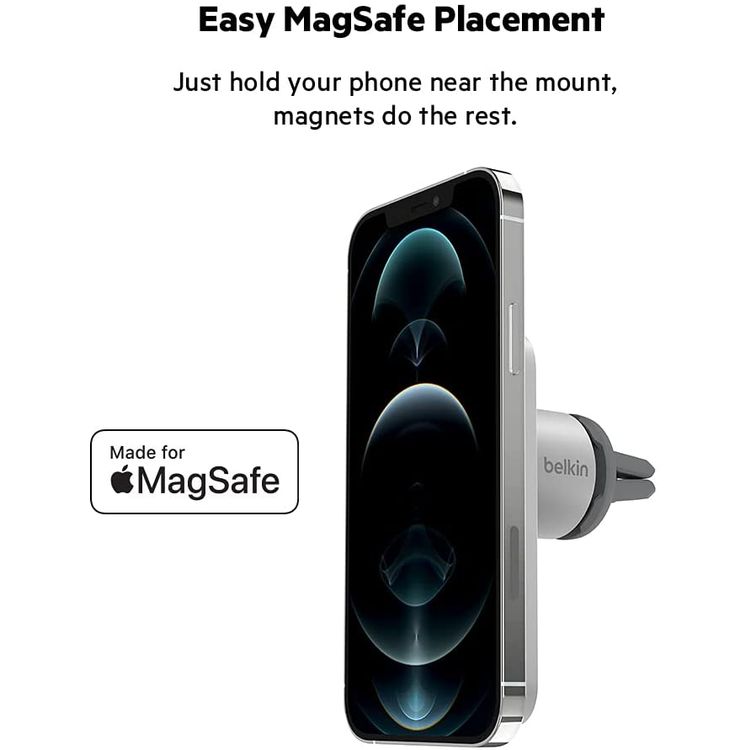 Belkin MagSafe Car Vent Mount PRO for iPhone 12, 12 Pro, 12 Pro Max, 12 Mini (Keeps All iPhone 12 Models Magnetically Mounted While You Drive) - Gray