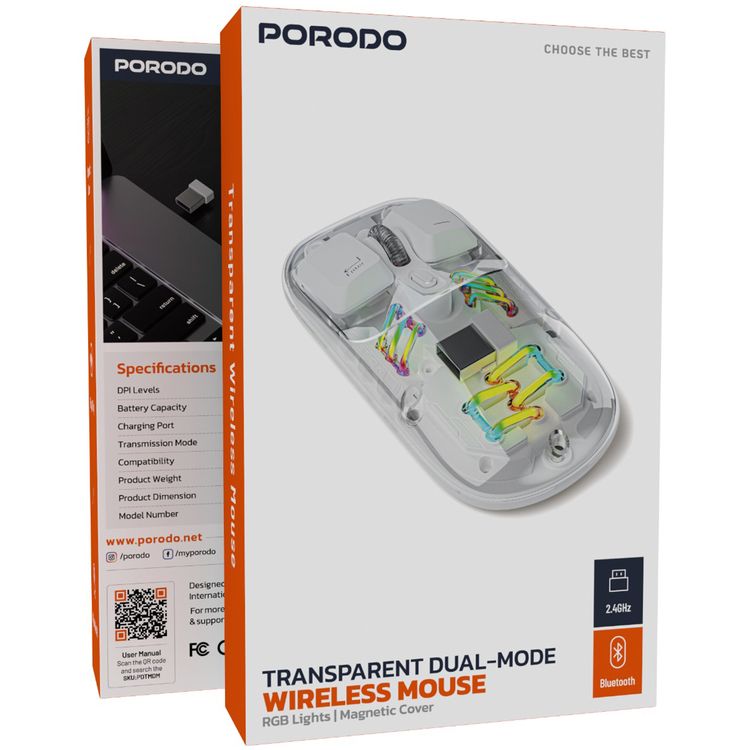 Porodo Transparent Dual-Mode Wireless Mouse with Adjustable DPI Up to 1600, RGB Lights, 400mAh Battery Capacity, Wireless 2.4 GHz & Bluetooth Connections - White