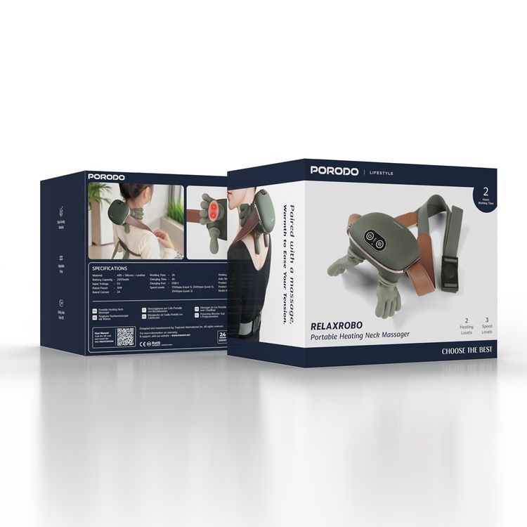 Porodo Lifestyle RelaxRobo Portable Heating Neck Massager with 3 Speed Levels, 2 Heating Levels, 2 Hours Working Time, Safety Auto Shut-Off, Adjustable Strap, Skin-Friendly Material, 4 Hours Charging Time, 2A Rated Current, USB-C Charging Port, ABS + Silicone + Leather Material - Green