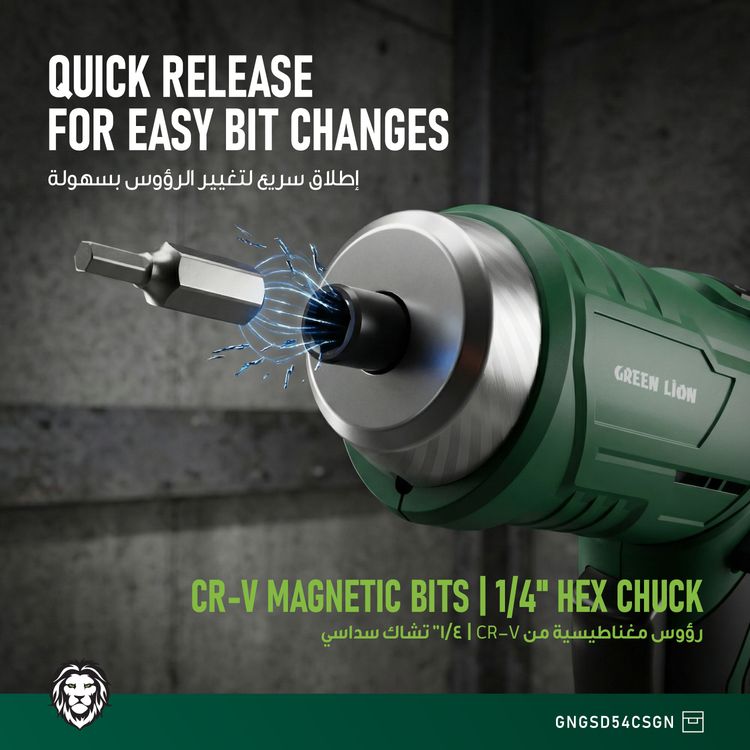 Green Lion GSD-54 Cordless Screwdriver with Multi-Angle Flexibility, 54 Pieces 25mm Magnetic Bit Set, Forward/Reverse Control, LED Work Light, 90°Adjustable Handle, All-in-One Bit Set, Type-C Charging Port, 250 RPM Max Speed - Green