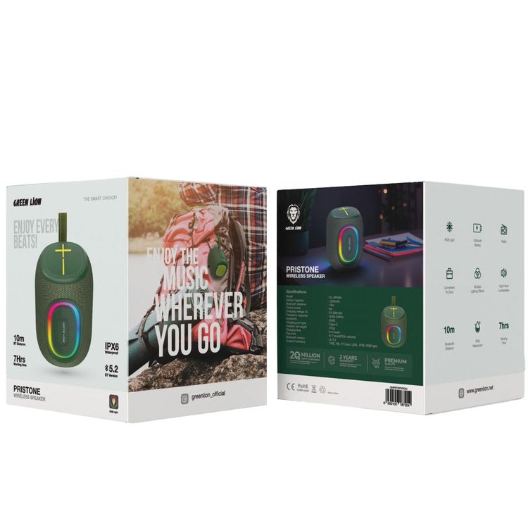 مكبر صوت لاسلكي بريستون من جرين ليون، سعة بطارية 1200 مللي أمبير في الساعة، وقت تشغيل 6-7 ساعات، منفذ شحن من النوع C، مقاوم للماء، ضوء RGB وتأثيرات إضاءة متعددة، مسافة بلوتوث 10 متر - أخضر