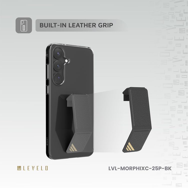 غطاء Levelo Morphix Clara مع مسكة جلد مدمجة لهاتف Samsung Galaxy S25 Plus، مصنوع من مادة TPU، زوايا مقاومة للصدمات، حلقة كاميرا معدنية، مادة هجينة - اللون الأسود.
