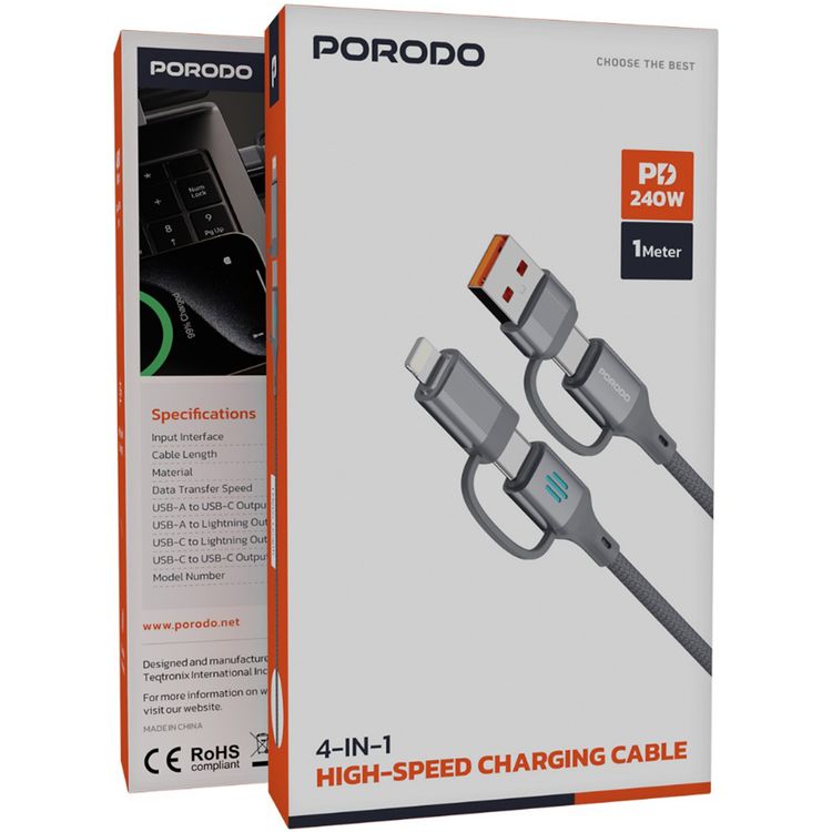 Porodo 4-in-1 High-Speed Charging Cable with Braided Material, 1m Cable Length, 240W Power Delivery, Aluminum Alloy Material, Tangle-Free Design, 480Mbps Data Transfer Speed - Gray