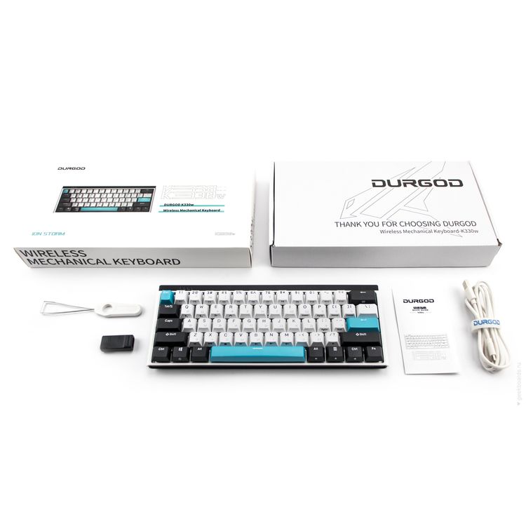 Durgod K330W Gateron Crystal Mechanical Wireless Keyboard Doubleshot PBT Profile, Bluetooth 5.0, USB Type C, compatibility with Mac & Windows, Brown Switch - Black/White/Blue