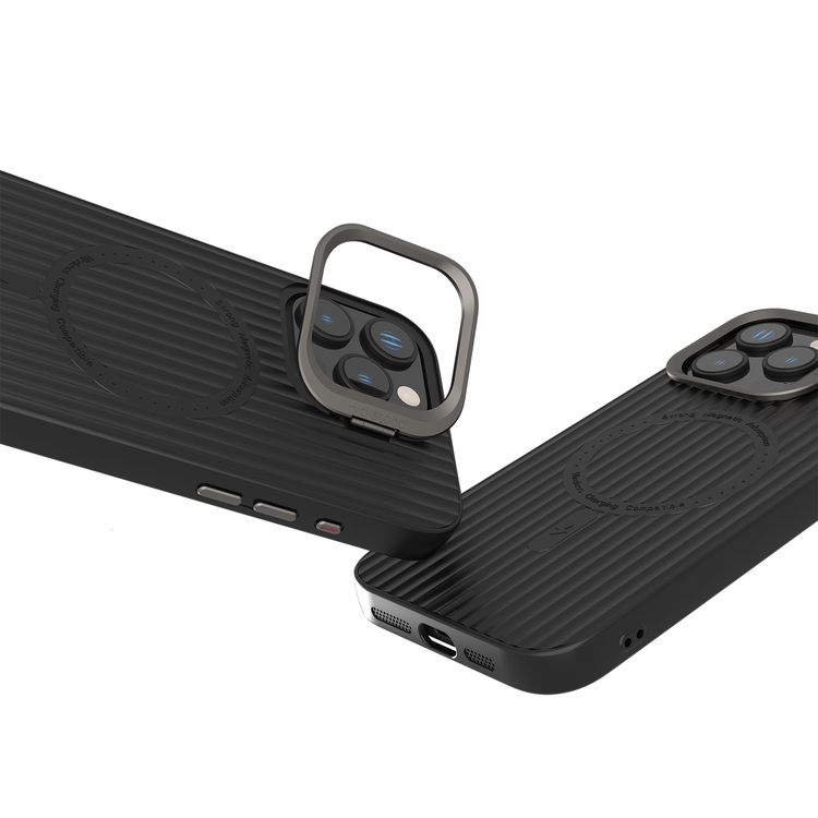 Levelo Livia Case for iPhone 16 Pro Max with MagSafe Compatibility, Impact-Resistant Corners, Built-in Kickstand, TPU with Silicone Surface, Metal Camera Ring - Black