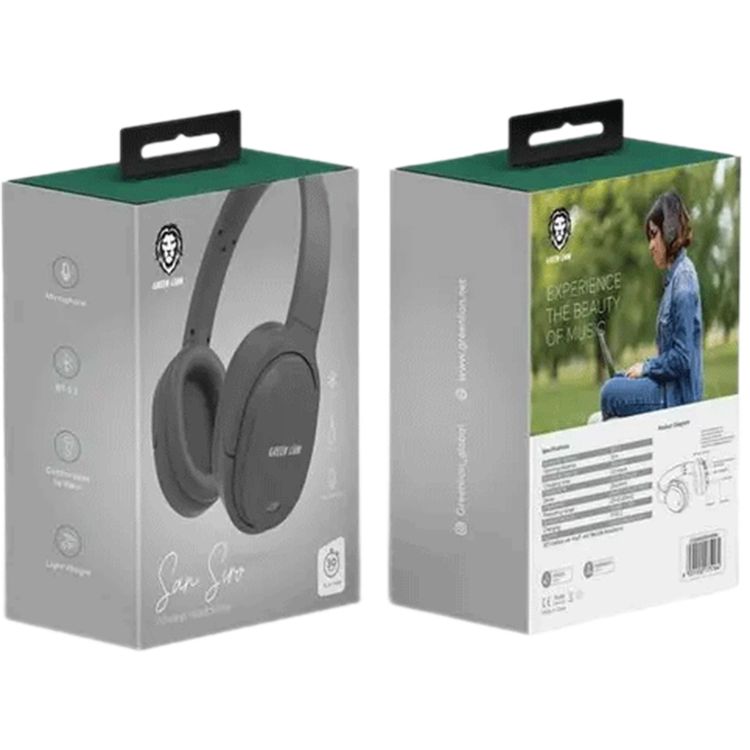 Green Lion SanSiro Wireless Headphones, 300mAh Battery Capacity, 30 Hours Play Time, 2.5 Hours Charging Time, 10m Transmission Distance, Built-in Microphone, Lightweight, AUX Port - Black