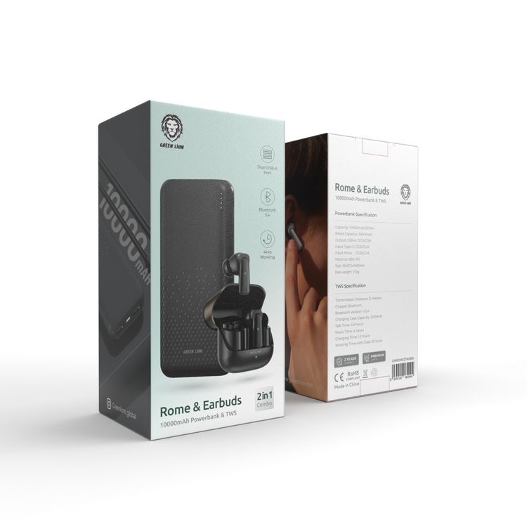 Green Lion Rome Power Bank & TWS Earbuds, Cutting-edge 2-in-1 Gadget, 10000 mAh Power Bank Battery Capacity, 200 mAh TWS Charging Case Capacity, Dual USB-A Port, 4.5 Hours Talk Time, 4 Hours Play Time - Black