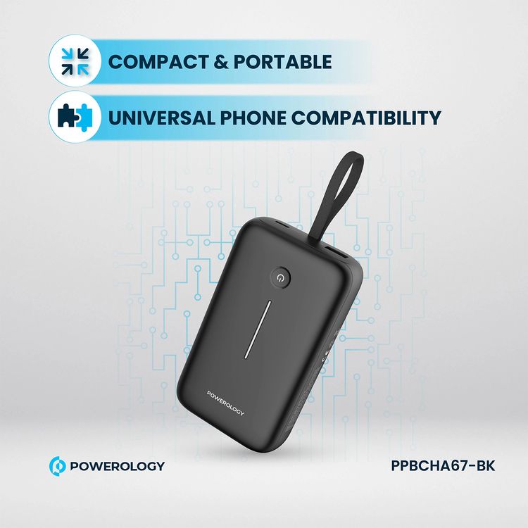 Powerology 20000mAh Power Bank with Detachable USB-C Wire, 30W Power Delivery, 3-Device Charging, Long Time Standby, Universal Phone Compatibility, Built-in Safeguards - Black