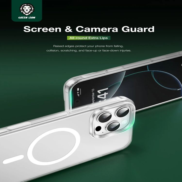 Green Lion Sense Crystal Clear Magsafe Case for iPhone 16 Pro, Camera Protection, Drop Protection, Magsafe Compatible, Strong Magnets, Anti-Scratch, Sense Button, Raised Edge - Clear