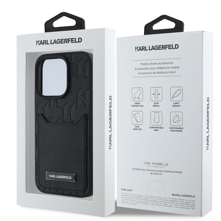 Karl Lagerfeld PU Hard Case for iPhone 16 Pro with Card Slot & Monogram Design Logo, Drop Protection, Easy Snap-on, Slim Profile, Lightweight, Sustainable Packaging - Black
