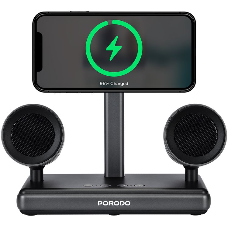 Porodo Speaker Charging Dock with Qi2 Wireless Charging, Compatible with iPhone 12 to 16 Series, 16W Dual Speakers, Built-in Safeguards, HiFi Audio - Black