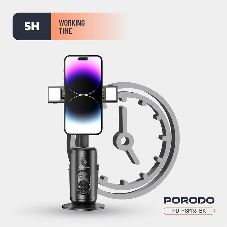 Porodo Face Tracking Smart Mount with Wireless Shutter, Detachable Fill Light, Gesture Control, Lightweight Design, 1800 mAh Battery - Black