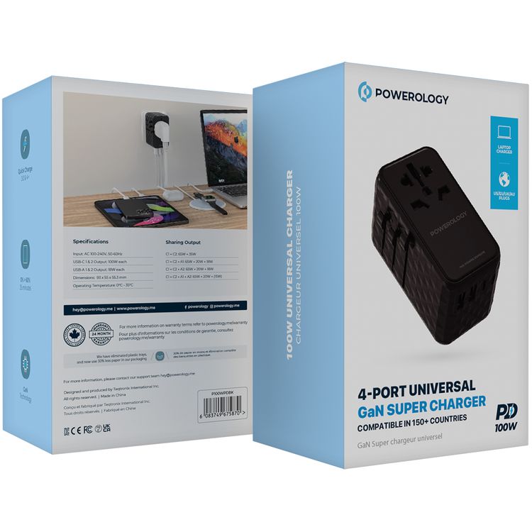 Powerology Universal GaN Super Charger with PD 100W, ×2 USB-A & ×2 USB-C Ports, Quick Charger, Laptop Charger, +150 Countries Compatibility - Black