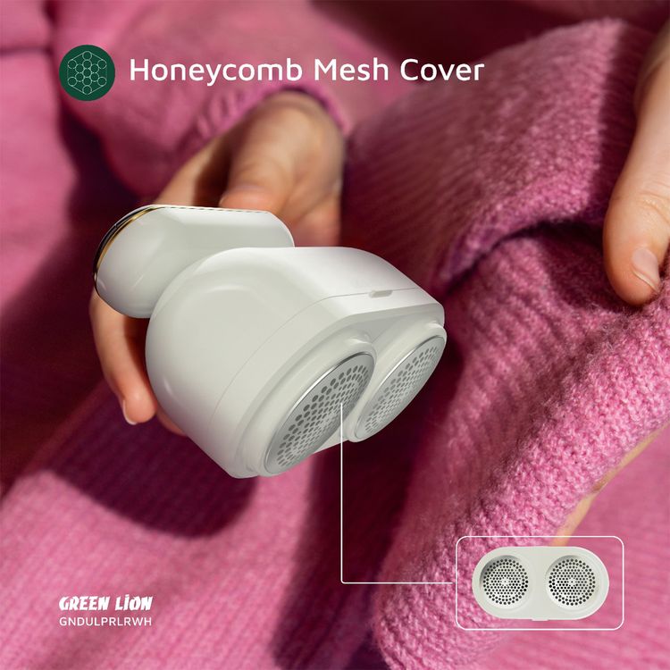 Green Lion Dualpro Digital Fabric Remover with 3-Gear Speed Control, Up to 2.2 Hours Working Time, 130mL Lint Bin Capacity, 2 × 6-Leaf Blades, Honeycomb Mesh Cover, Comfortable Hand Grip, Dual-Head Design - White