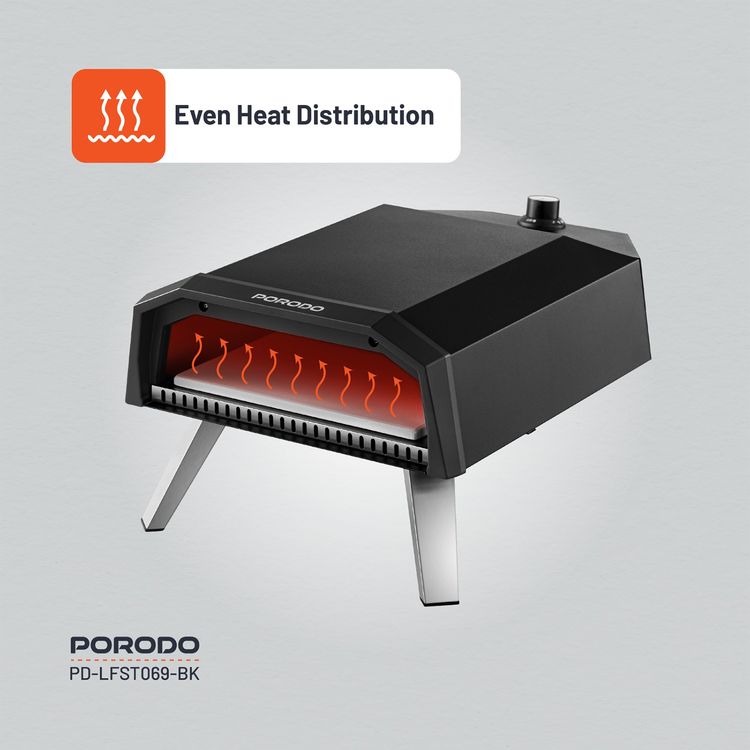 Porodo Lifestyle 12" Pizza Outdoor Oven with Foldable Legs, 60s Cooking Time, 500° C Rapid Heating, Butane & Propane Compatible, 30-45 Minutes Pre-Heat Time, Piezo Ignition - Black