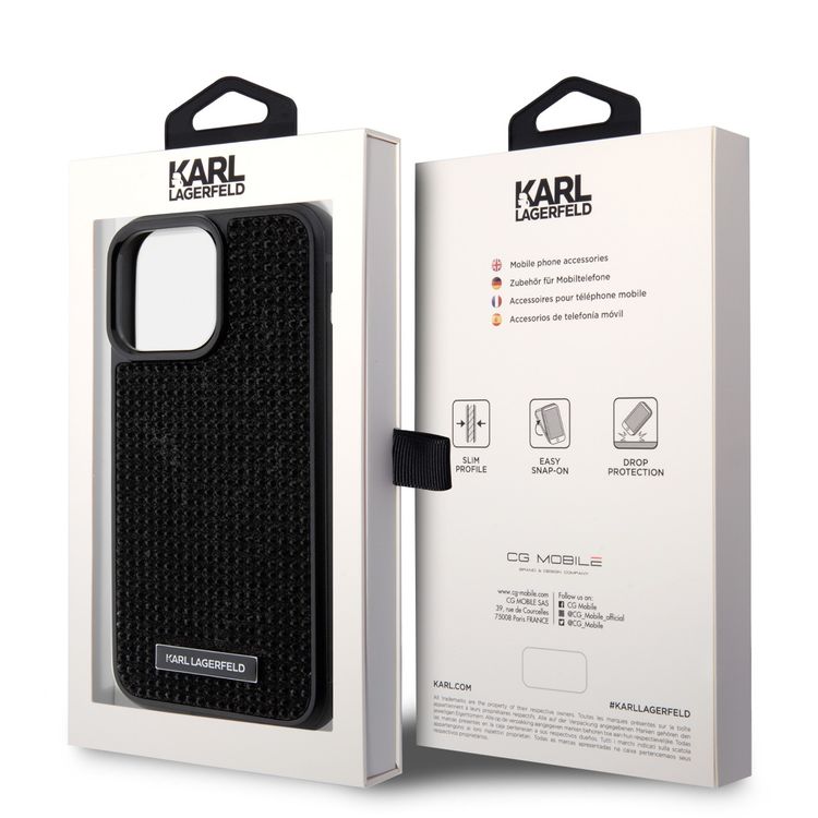 Karl Lagerfeld Rhinestone with Logo Metal Plate Case for iPhone 15 Pro Max - Black