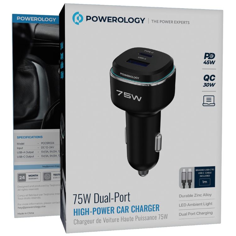 Powerology 75W Dual-Port High-Power Car Charger with USB-C to USB-C Cable, USB-C & USB-A Ports, 75W Total Output, 45W Power Delivery, LED Ambient Light, Fast Charge, Zinc Alloy with Oil Painting Finish Material - Black / Gray