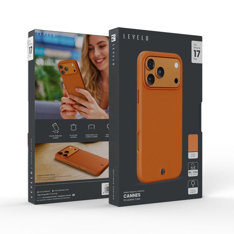 Cannes PU Leather Case for iPhone 17 Pro with Strong Magnets, Shock-Resistant Bumper, MagSafe Compatibility, 5ft. | 1.5m Drop-Tested, Soft PU Leather Material - Orange