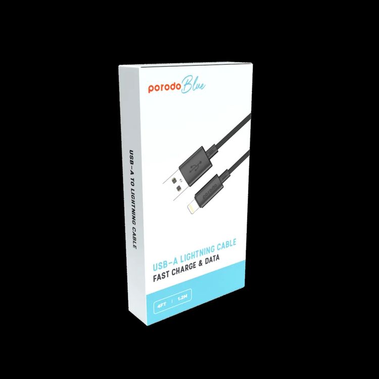 Porodo Blue USB-A to Lightning Charging Cable with 480Mbps Data Transfer, 3A Fast Charge, Flexible Material, Universal Compatibility - Black 