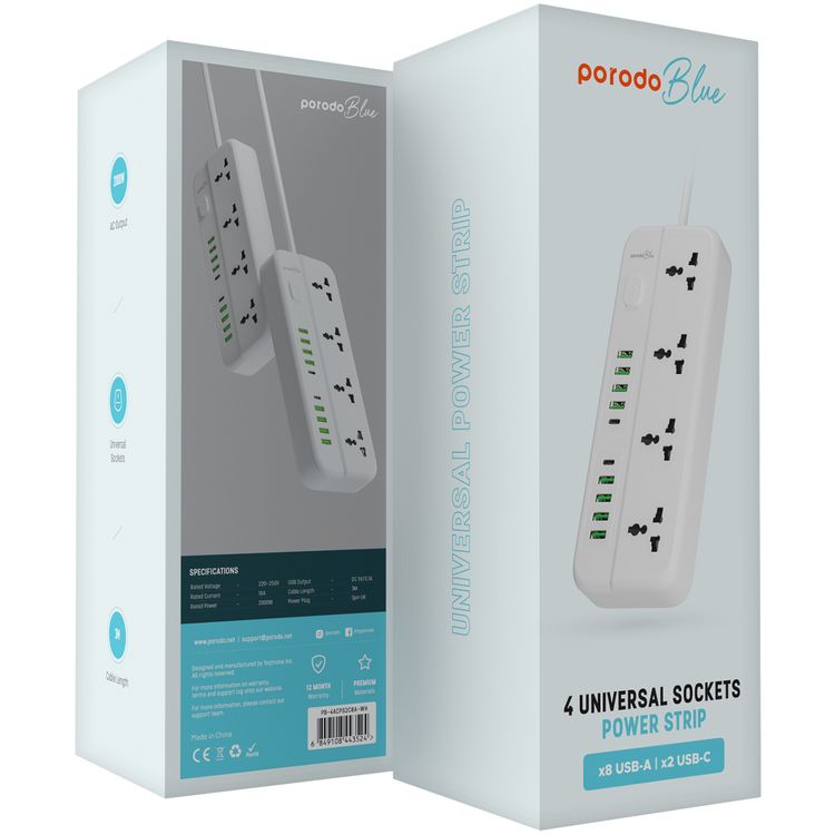 Porodo Blue Power Strip with 4 AC Sockets, Dual USB-C & 8 USB-A Ports, 3m Cable Length, 2000W AC Output, 3-Pin UK Plug, 10A Rated Current - White