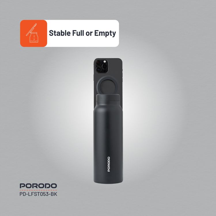 Porodo Magnetic Mount Water Bottle with Strong Magnetic Hold, Stainless Steel Material, Double-Wall Insulation, Versatile and Portable, Strong Magnetic Hold, Works with MagSafe, Wide Round Mouth - Black 