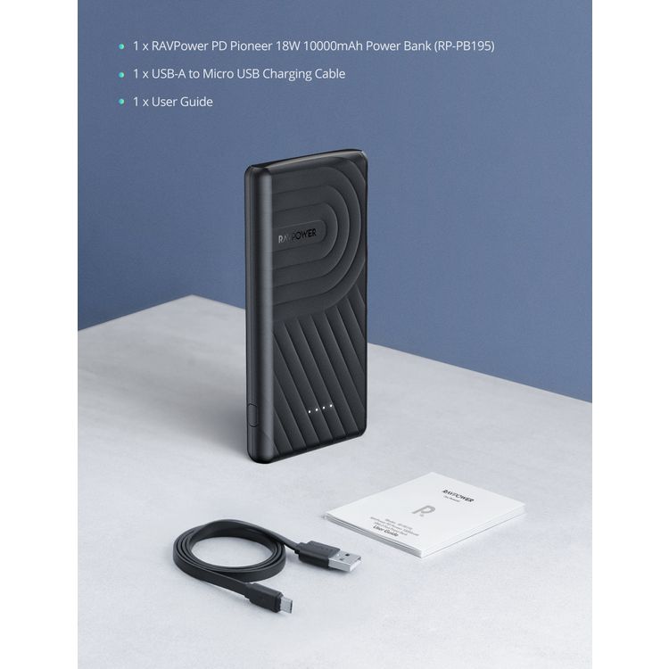 RAVPower 2-Port PD Pioneer Power Bank 10000mAh 18W USB-A QC, USB-C Port POwer Delivery 18W, iSmart Fast Charging Technology, Pocket Size Portable