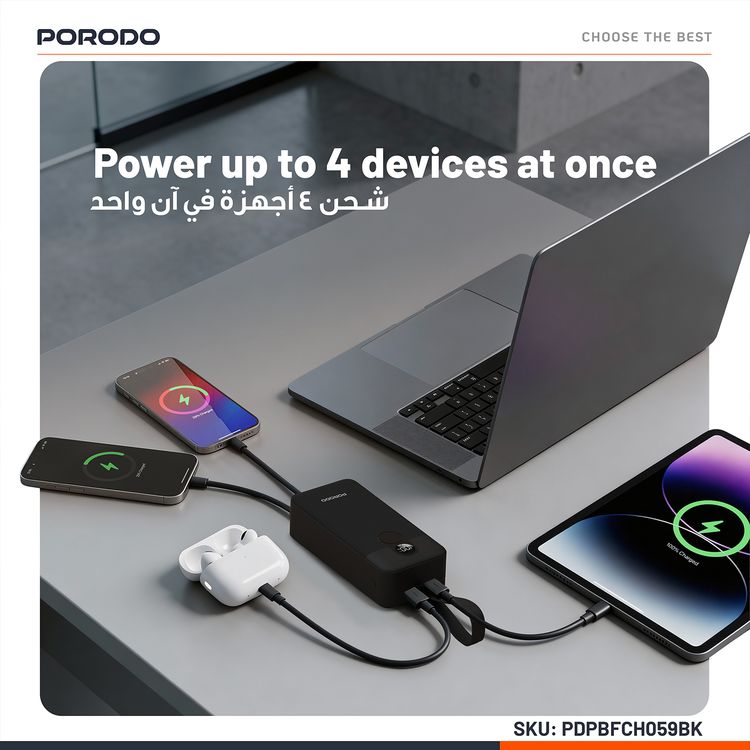 بورودو بطارية شحن محمولة 30000 مللي أمبير مع كابل مدمج من نوع C ولايتنينج، شحن بقدرة 22.5 واط، شحن متزامن، شحن من 0% إلى 60% في 35 دقيقة، عرض رقمي - أسود.