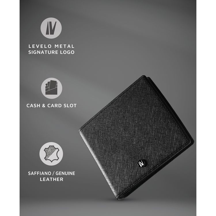Levelo Billfold Men's Genuine Leather Wallet with Cash & Card Slots, Genuine Leather Material, Multiple Compartments, Lightweight & Compact Design - Black