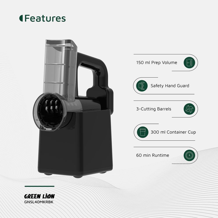 صانع السلطة جرين ليون مع تقطيع، وفرم، وتمزيق، بمواد آمنة للطعام، قاعدة غير قابلة للانزلاق، شحن USB-C، وقت تشغيل يصل إلى 60 دقيقة، سهل التنظيف والتركيب، حامي اليد للسلامة، 250 دورة في الدقيقة.