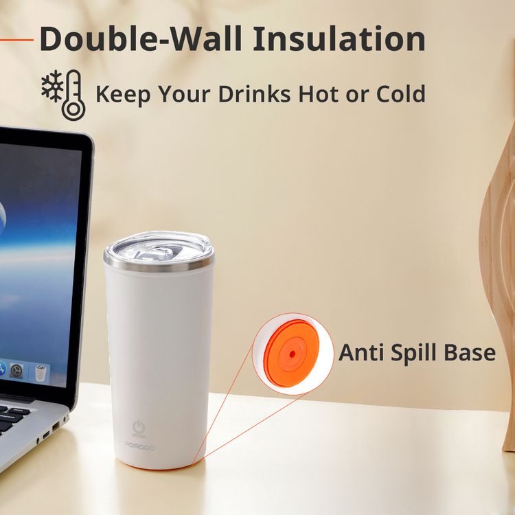 Porodo Lifestyle Auto-Stirring Insulated Mug with 400mL Capacity, Anti-Slip Base, 300mAh Battery Capacity, 120-Seconds Mixing Time with Auto-Stop - White
