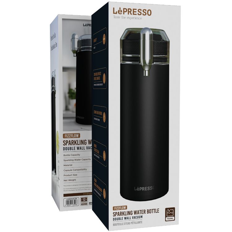 LePresso Sparkling Water Bottle with Double-Wall Vacuum, 750mL Bottle Capacity, 500mL Sparkling Water Capacity, Ceramic-Lined Interior, Durable & Easy-to-Clean - Black